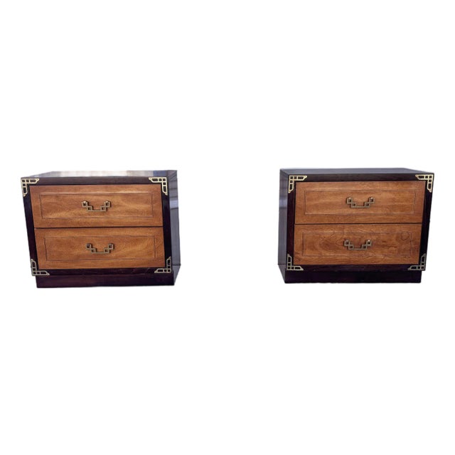 1970s Pair of Mid Century Walnut and Brass Nightstands For Sale