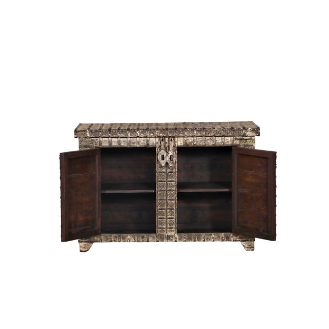 1900 - 1909 Antique Indian Teakwood and Iron Pitara Chest Console For Sale - Image 5 of 8