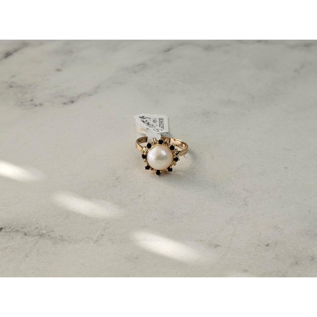8MM Pearl Ring with Sapphire Halo 14k Yellow Gold, Size 3 For Sale - Image 4 of 5
