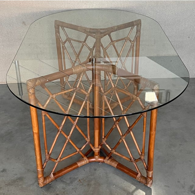 Chinese Chippendale Style Bamboo Dining Table With Oval Glass Top For Sale In Miami - Image 6 of 11