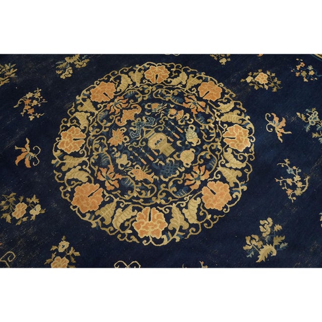 Textile 1890s Blue Oriental Floral Sprays Medallion Antique Chinese Peking Room Size Rug For Sale - Image 7 of 10