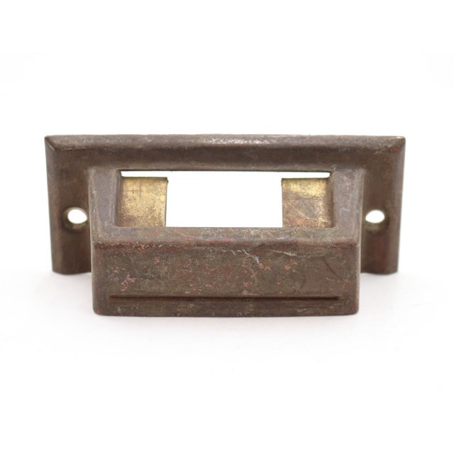 Traditional Pair of Antique 3.375 In. Brass Bin Pulls With Label Slot For Sale - Image 3 of 6