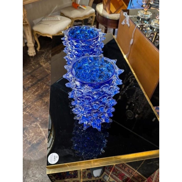 Pair of Royal Blue Murano Glass Vases in Rostrada Glass For Sale - Image 4 of 6