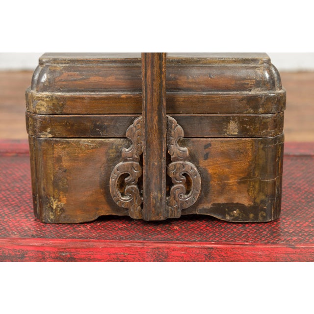Chinese Antique Lidded Lunch Box with Volutes, Handle and Distressed Finish For Sale - Image 4 of 11