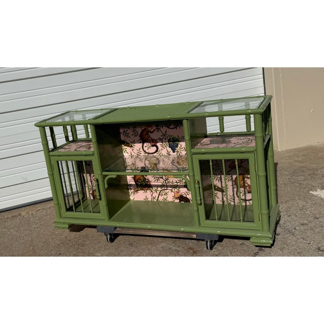 Coastal 1960s Lacquered Faux Bamboo and Rattan Bar/Entertainment Center For Sale - Image 3 of 4