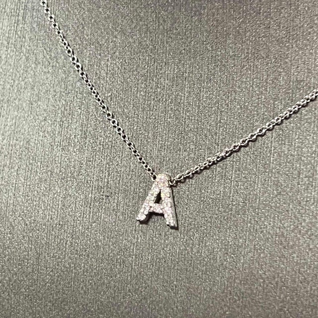 Silver Diamond Letter "A" Pendant Necklace 18" 14k Gold 0.12 TCW Certified For Sale - Image 8 of 12