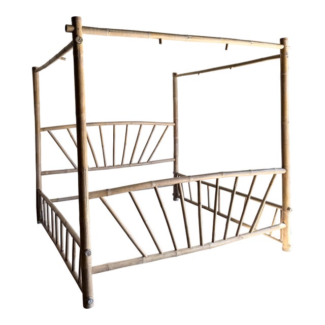 Vintage Boho Chic Bamboo King Size Canopy Bed For Sale