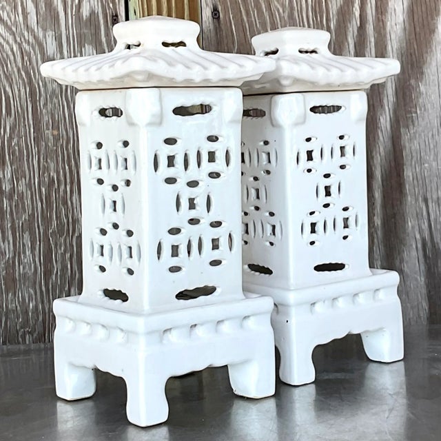 Ceramic Vintage Asian Glazed Ceramic Pagoda Lanterns - a Pair For Sale - Image 7 of 7