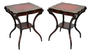Vintage French Regency Style Red Leather Top Mahogany Lamp End Tables - A Pair
