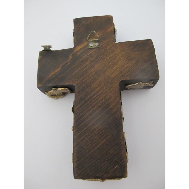 Mexican Folk Art Milagros Hand Carved Wood Cross Nailed Charms Wall Hanging For Sale - Image 9 of 9