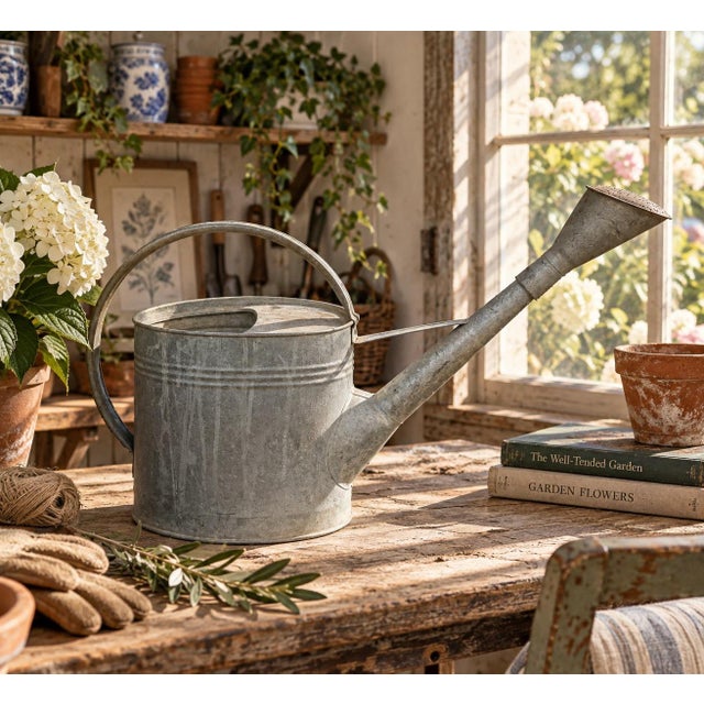 A beautifully weathered galvanized steel watering can dating to the 1960s, featuring a gracefully arched copper handle,...