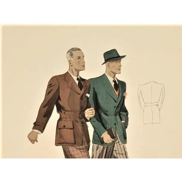 Art Deco 1938 French Art Deco Men's Tailoring Fashion Lithograph For Sale - Image 3 of 5