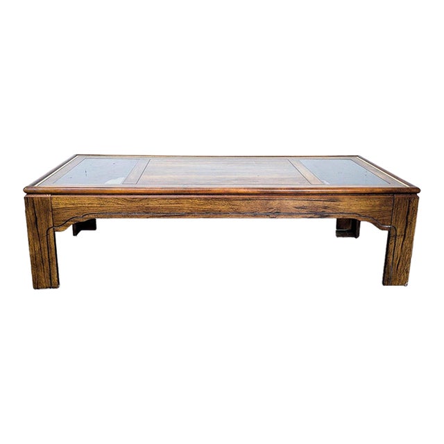 Vintage Wood and Glass Coffee Table With Brass Inlay For Sale