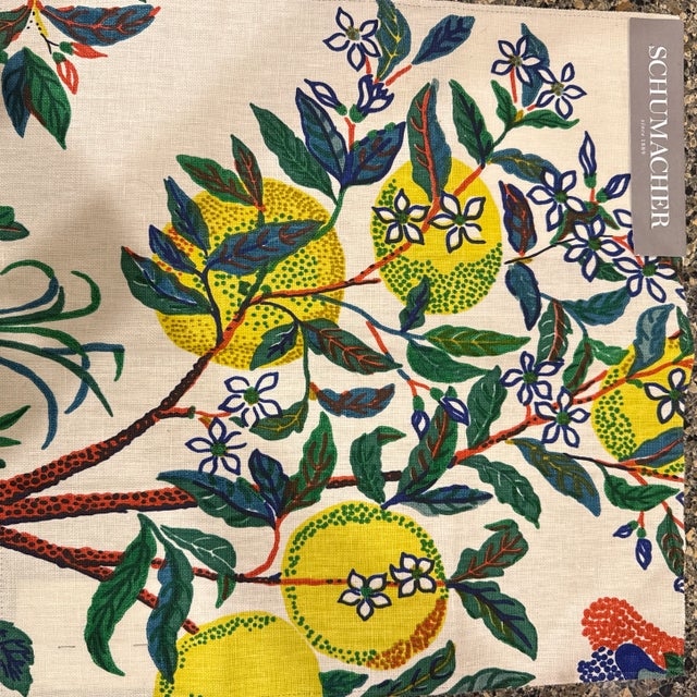 Pair of Schumacher Citrus Garden Window Panels in Color Primary. Custom Trim Added to Inside Portion of the Panel For Sale - Image 9 of 10