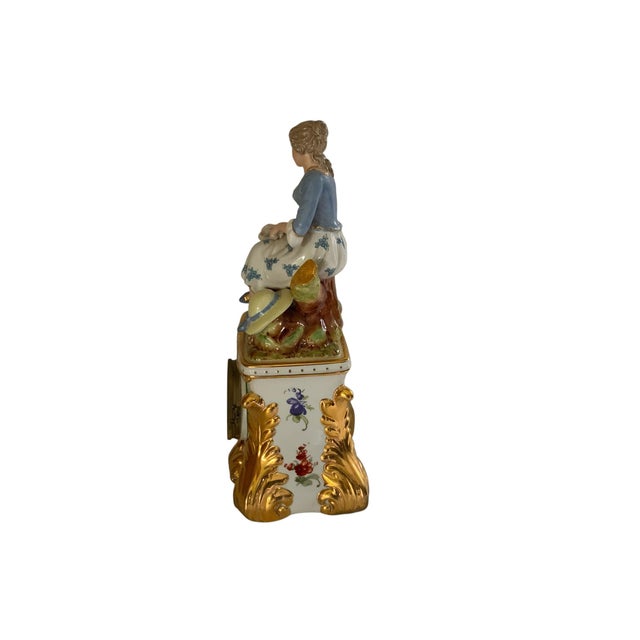 1900 - 1909 Antique Carl Thieme Dresden Porcelain Mantel Clock Figural Pastoral Woman Lamb Germany 1890s-1900s For Sale - Image 5 of 6