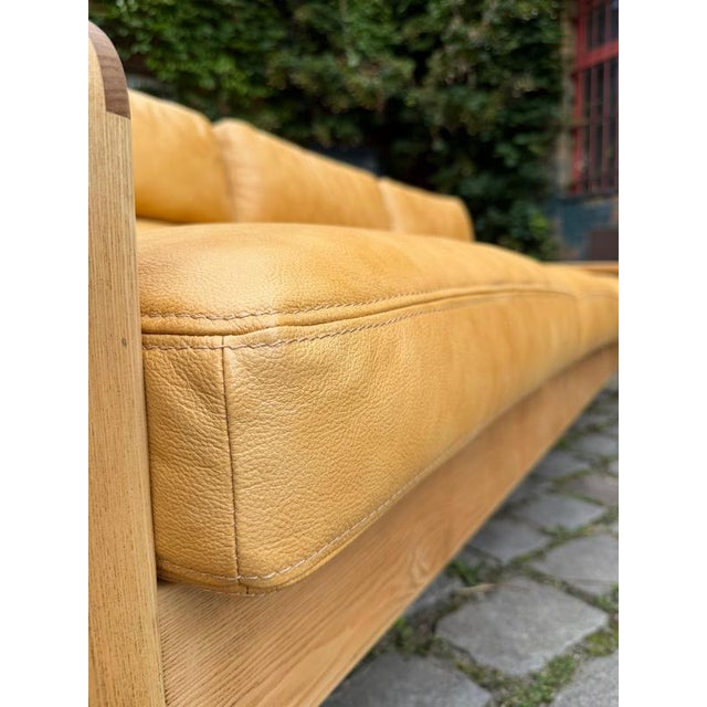 Wood Three-Seater Sofa in Yellow Genuine Leather and Wood by Rolf Benz For Sale - Image 7 of 11