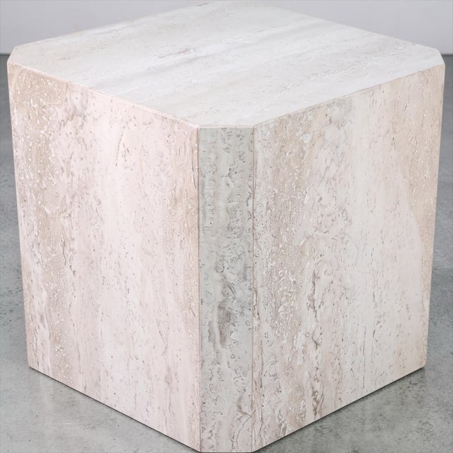This is a pair of large scale organic modern travertine stone cube form side tables or pedestals. I love travertine as...