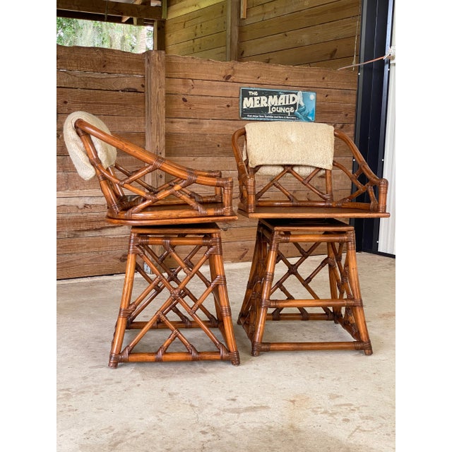 Vintage Coastal Chippendale Rattan Swivel Counter Stools-Pair For Sale - Image 9 of 12