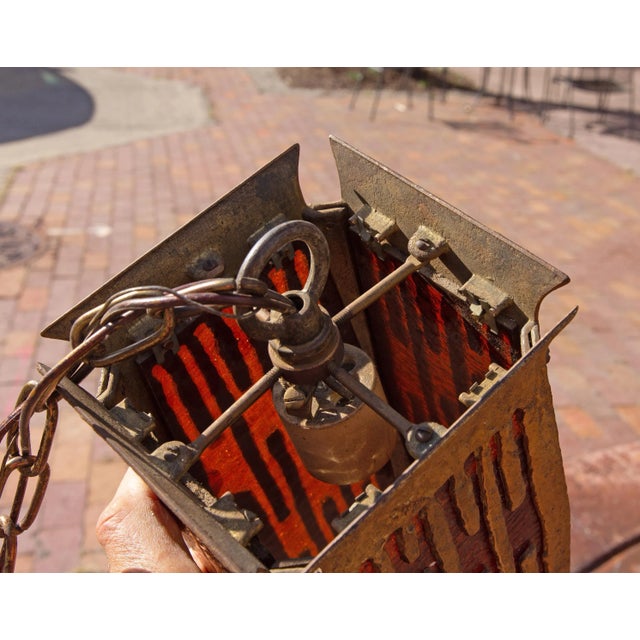 1920's Bronze Modernist Hanging Lantern Pendant Lights - a Pair For Sale - Image 4 of 5