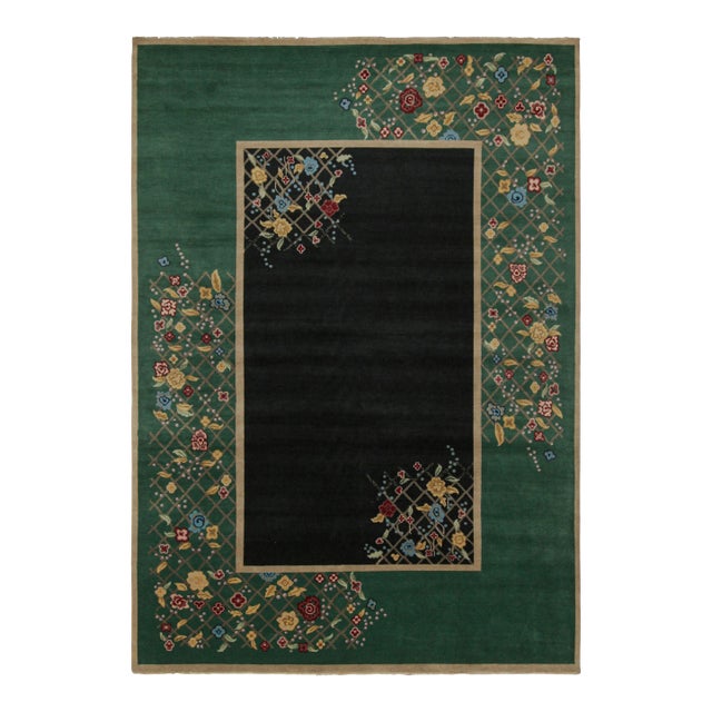 2010s Rug & Kilim’s Chinese Art Deco Style Rug in Black & Green With Floral Pattern For Sale