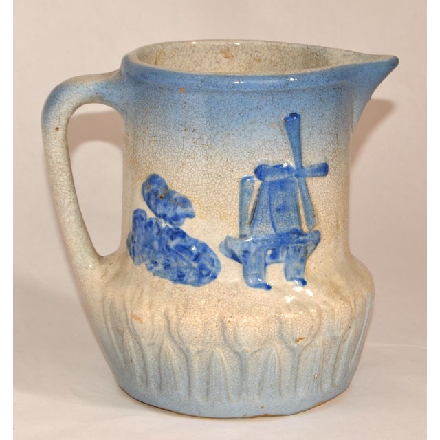 Sky Blue Early 20th Century Dutch Windmill Tulip Motiv Blue Beige Stoneware Pitcher For Sale - Image 8 of 12