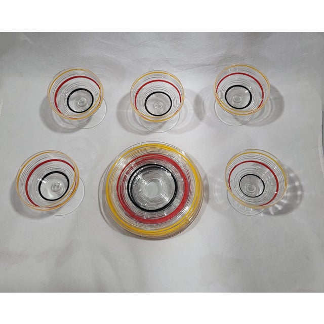 Anchor Hocking 1930s Anchor Hocking Art Deco Banded Ring Low Stem Sherbet / Sorbet Dessert Sets Glasses & Plates Yellow, Orange, Red, Black- 11 Pieces For Sale - Image 4 of 7