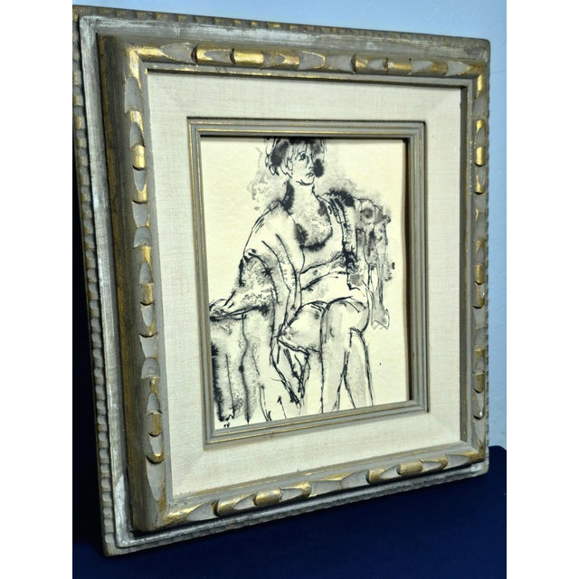 Mid-Century Figural Seated Woman Ink Drawing in Ornate Gold Gilt Frame For Sale - Image 11 of 11