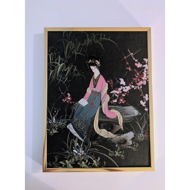 This piece is a vintage Chinese Beauty Painting (Meiren Tu, 美人圖) rendered in the meticulous Gongbi (工筆) style, featuring a...