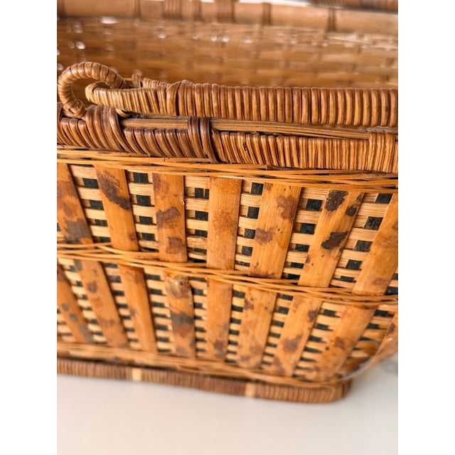 Vintage Handwoven Bamboo Market Basket With Wrapped Handles For Sale - Image 4 of 7