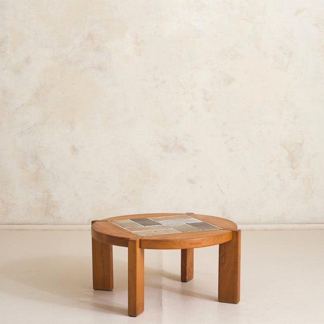 1960s French Elm + Ceramic Round Coffee Table by Maison Regain, 1960s For Sale - Image 5 of 11
