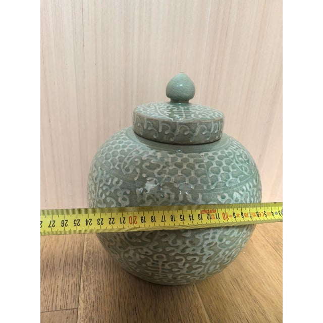 Chinese Ceramic Pot Longquan Ware Celadon Lid Jar Hand Carved Flowers Pattern For Sale In Seattle - Image 6 of 11