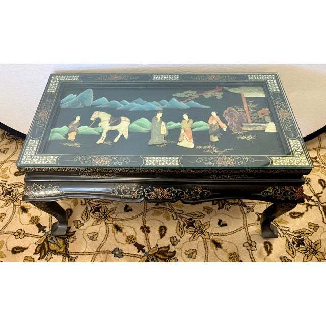 Mid 20th Century Chinoiserie Black Lacquer Coffee Table With Carved Hard Stone Art For Sale - Image 10 of 10