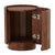Rich brown Mindi wood round side table with smooth scalloped design. Subtle door opens up for storage space option inside...