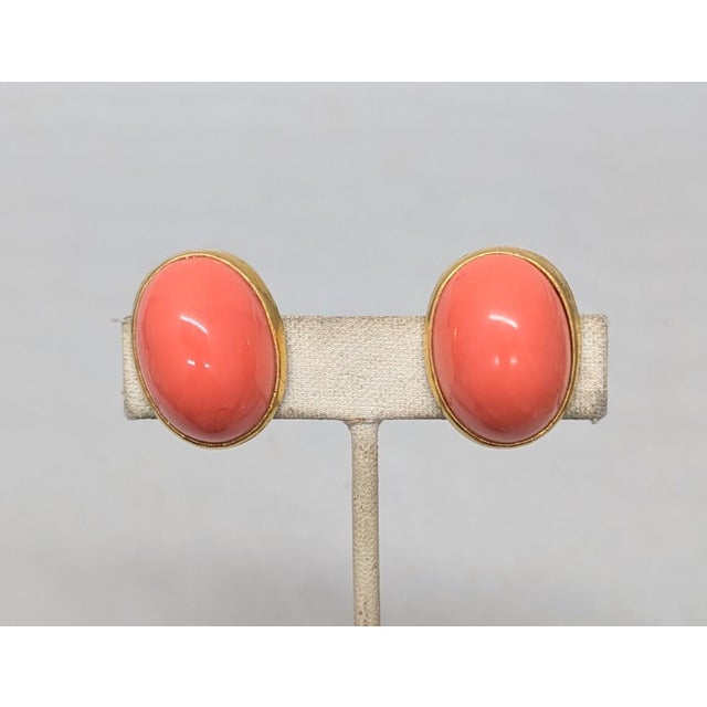 American Vintage Signed Alexis Kirk Cabochon Faux-Coral Clip Earrings-2 Pieces For Sale - Image 3 of 10