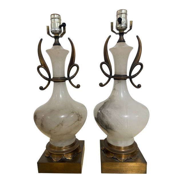 1960s Hollywood Regency Alabaster Bronzed Lamps - A Pair For Sale