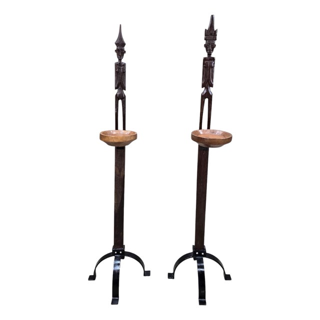 Vintage Tribal Carved Wood Figural Drink Stands/Pedestals – Pair For Sale