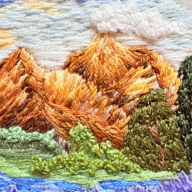 Golden Hour Peaks & Lavender Field - Hand-Embroidered Wall Art For Sale - Image 4 of 14