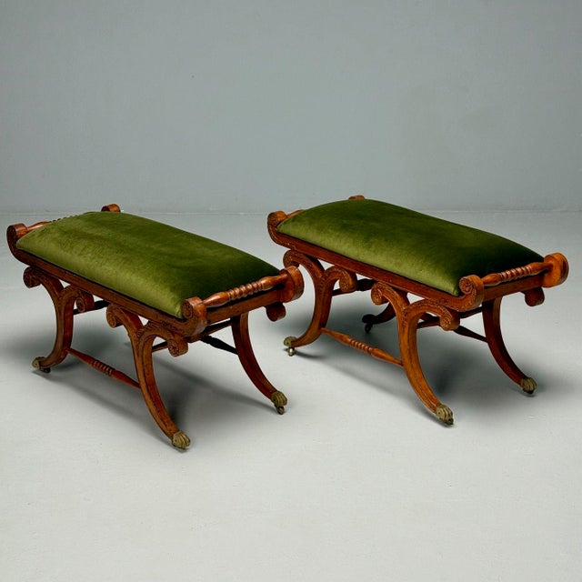 Neoclassical, English Regency Rolling Benches, Carved Wood, Bronze