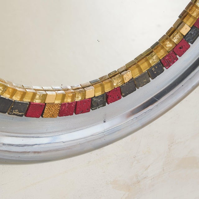 French Chrome Wall Mirror with Ceramic + Glass Tesserae, 1970s For Sale - Image 4 of 9