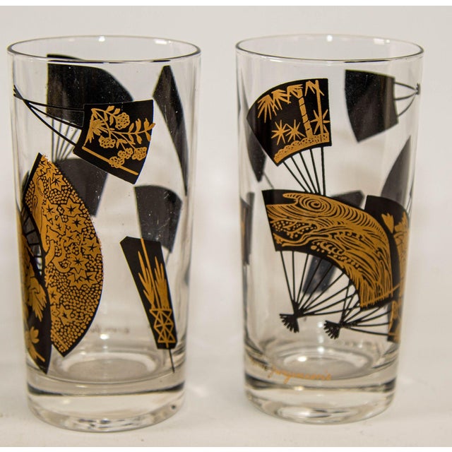 Set of Six Jules Jurgensen Black & Gold Highball Glasses in Faux Bamboo Carrier For Sale - Image 14 of 18