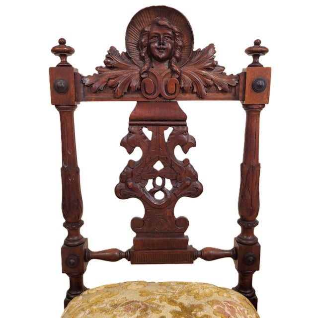 Pair Antique Italian Renaissance Carved Walnut Angels & Griffon Side Chairs For Sale - Image 11 of 18