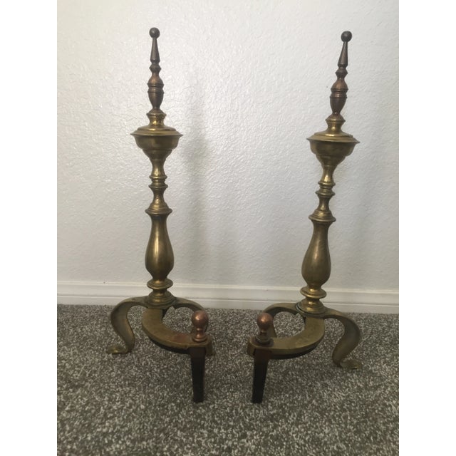 Chippendale Antique Turned Baluster Brass Fireplace Andirons Fire Dogs - a Pair For Sale - Image 3 of 13