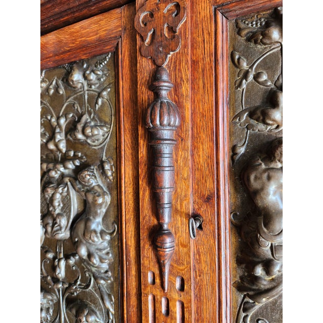 Jacobean Late 19th Century Jacobean Revival Carved Breakfront Hutch With Brass Panels For Sale - Image 3 of 7