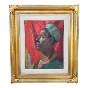 Polish Artist Eva Matysek, Large Gold Gilt Carved Wood Framed Portrait Oil Painting