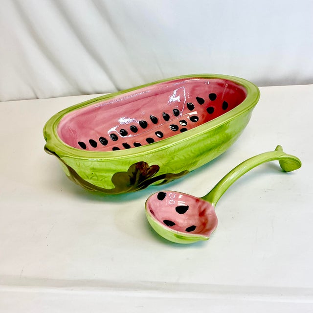 Mid 20th Century Americana Folk Art Arts & Crafts Ceramic Watermelon Serving Bowl With Ladle - 2 Piece Set. For Sale - Image 12 of 12