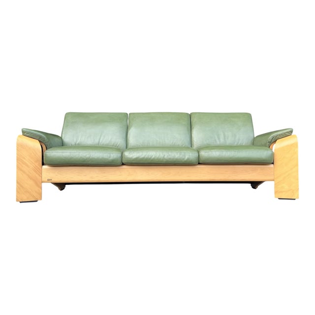 1960s Ekornes Scandinavian Modern Olive Green Leather Sofa With Sculptural Bentwood Frame For Sale - Image 13 of 15