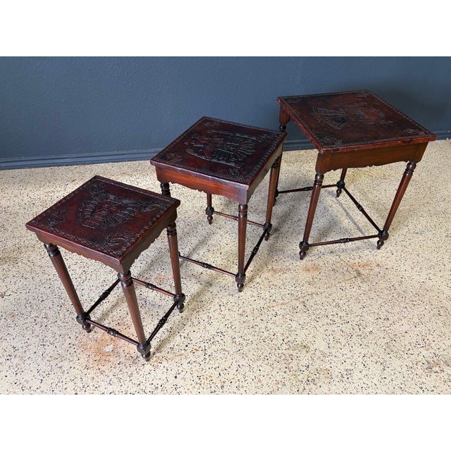 Antique Hand-Crafted Mahogany Nesting Tables With Leather Tops, 1910 For Sale - Image 17 of 17