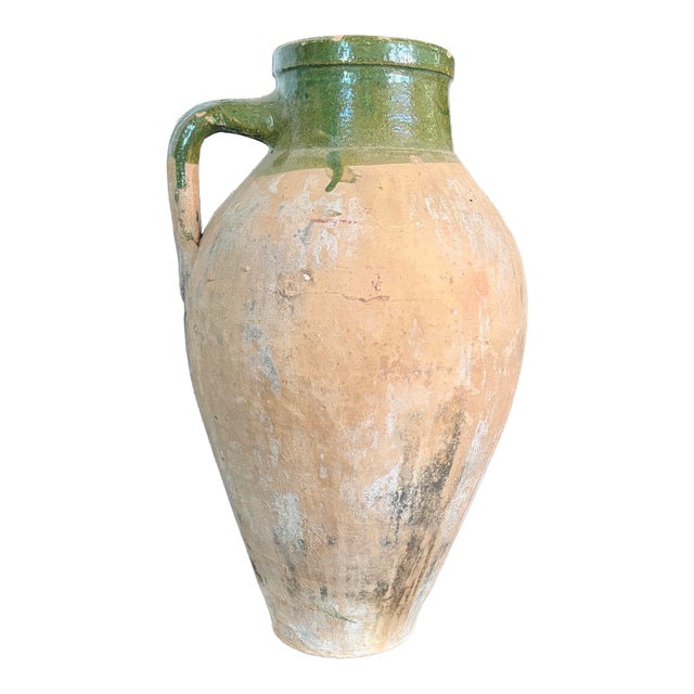 Mid 20th Century Turkish Terracotta Oil Jar With Green Glaze – Rustic Mediterranean Vessel For Sale