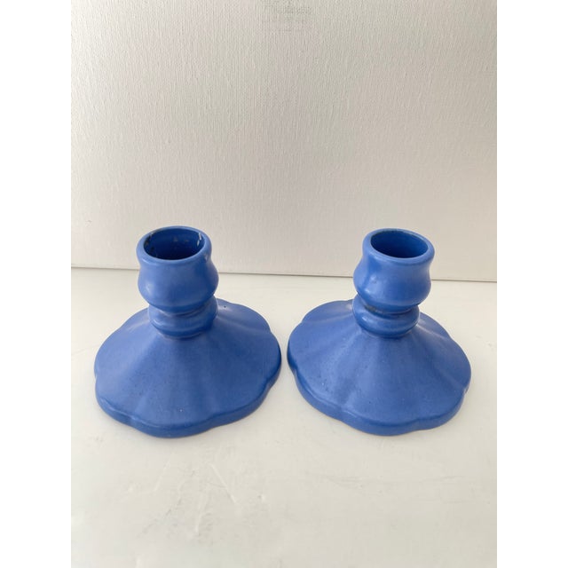 Ceramic Vintage Camark Matte Blue Candle Holders - a Pair For Sale - Image 7 of 7