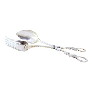 Silver Salad Tongs with Spoon and Fork Embossed Handles For Sale